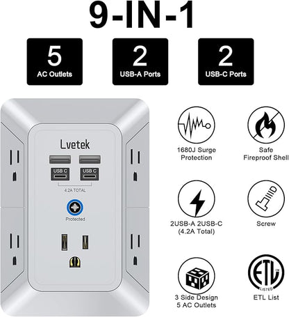 Multi Plug Outlet Surge Protector, Lvetek Outlet Extender - Image 2