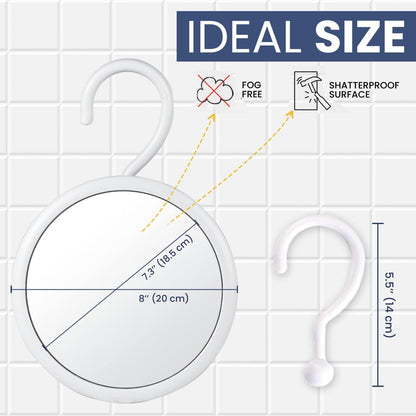Hangable Round Fogless Shower Shaving Mirror, 6.7" Diameter | Anti Fog Shatterproof Mirror with 360° Swivel Rotatable Hook for Hanging; Hangs on Showerhead, Towel Rack, Caddies, or Rods