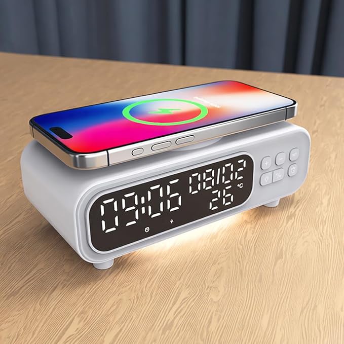 IHAO 5in1 Alarm Clock with Wireless Charging Night Light 15W Fast Charger by IHAO
