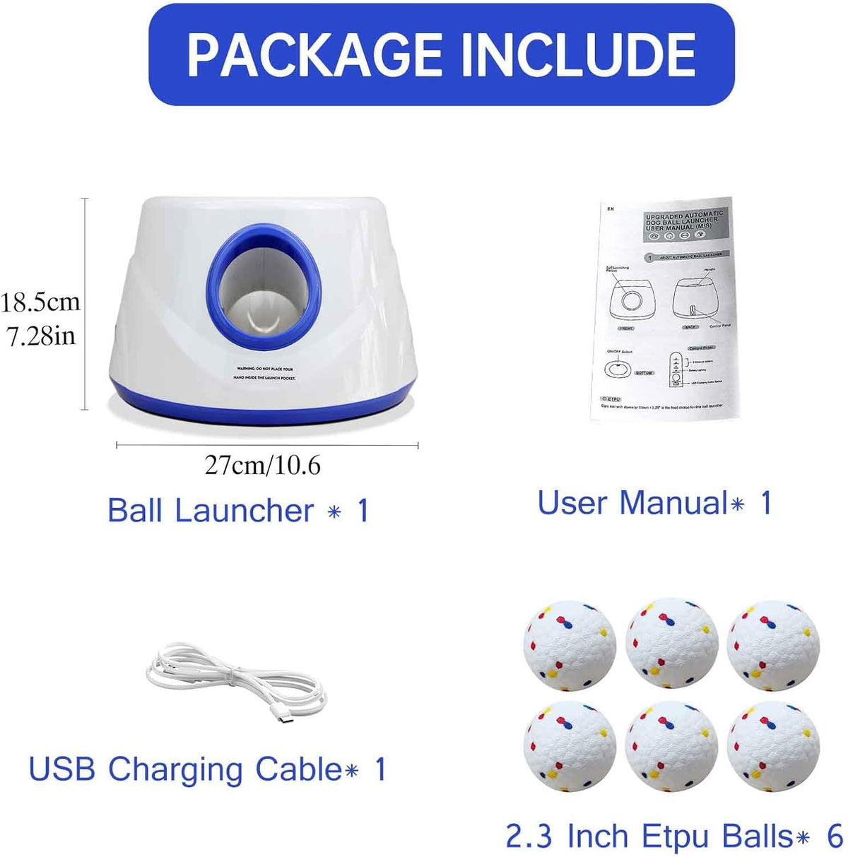 automatic dog ball launcher, with 6 2.3" etpu, package contents