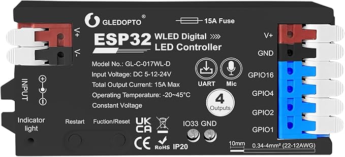 ESP32 WLED LED Strip Controller 4 Channel Outputs 15A Fuse Link TI Level by GledoptoSmartHome