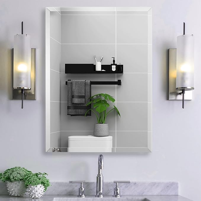 Frameless Beveled Edge Bathroom Mirror 24x32 Inch Rectangle Beveled Mirror Wall by LAMCHMOR