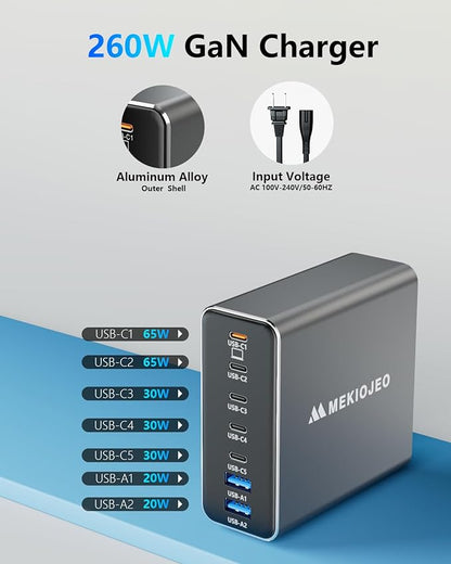 Aluminum Alloy 260W USB C Charger GaN Fast USB C Charging Station 7 Ports 65W - Image 3