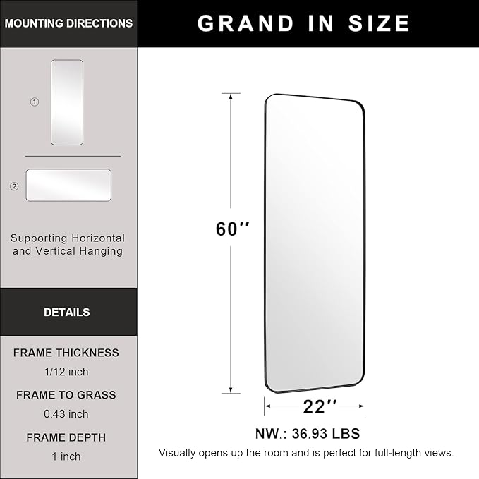 ANDY STAR 22" x 60" Full Length Wall Mirror, Large Black Mirror - Image 4