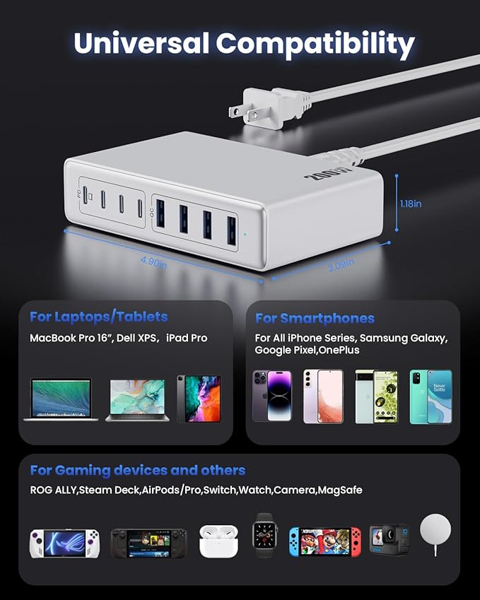 200W USB C Charger Block, GaN IV Charging Station 8 Ports, QC4.0 Fast Charging - Image 3