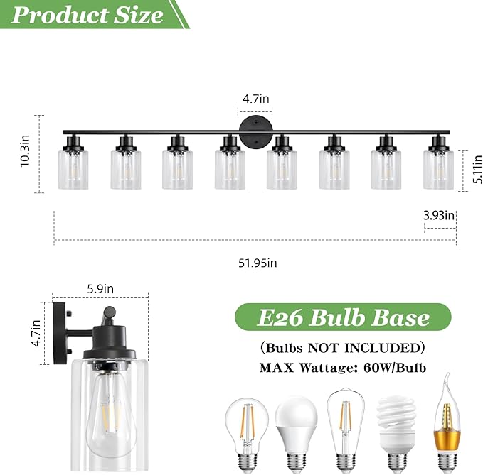 Guliaofo 8-Light Black Vanity Lights, Modern Bathroom Light Fixtures - Image 2