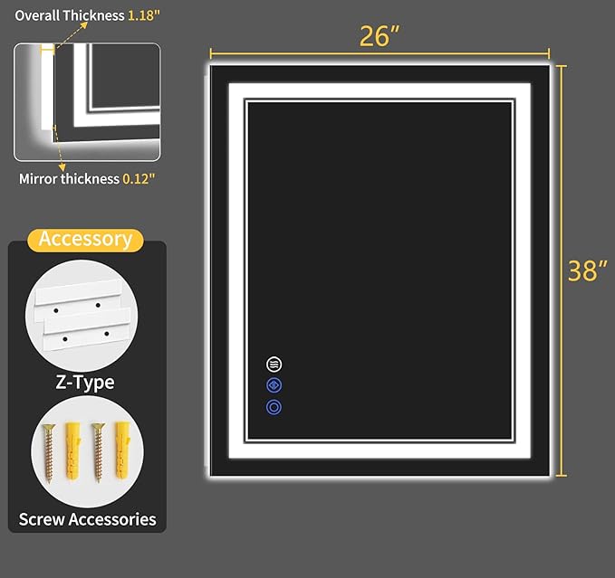 26"x38" Bathroom Mirror with Lights, Backlit + Front Lit, Led Vanity Mirror - Image 9