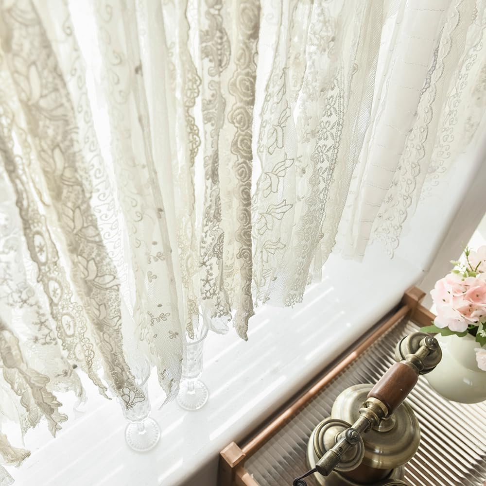 Boho Kitchen Curtains Short Shabby Chic Lace curtain for Bedroom Handmade Cotton Crochet Lace Kitchen Valance Country Cottage Cafe Curtain 16 inch Long Bohemian Wedding Decor 30x16 Inch,Cream