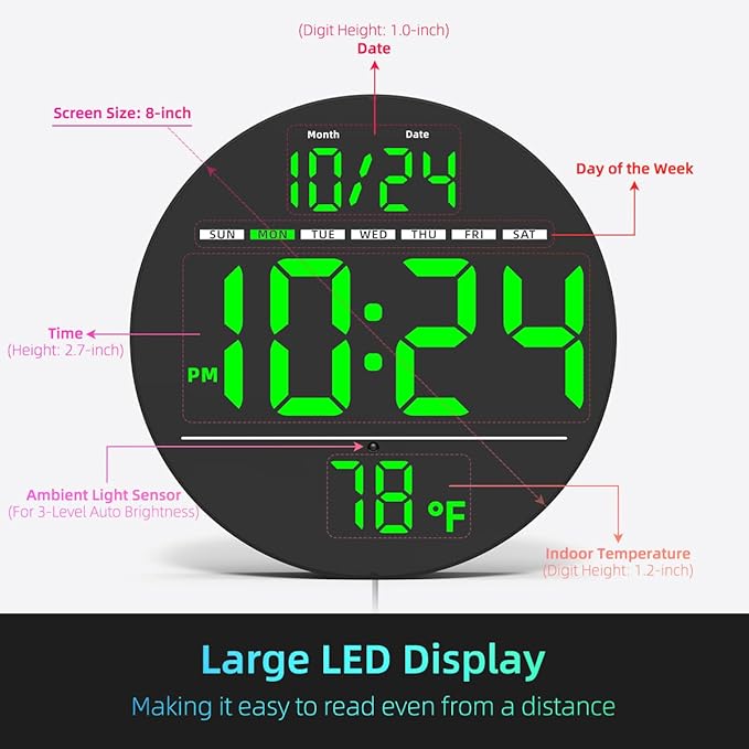 Digital Wall Clock with Large LED Display, Temperature, Auto-Brightness | Small - Image 2