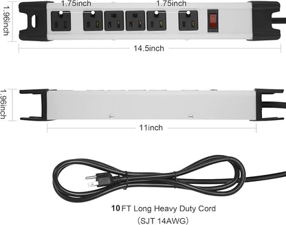 Heavy Duty Power Strip Surge Protector, 6 Outlet Industrial Metal Power Strip - Image 3