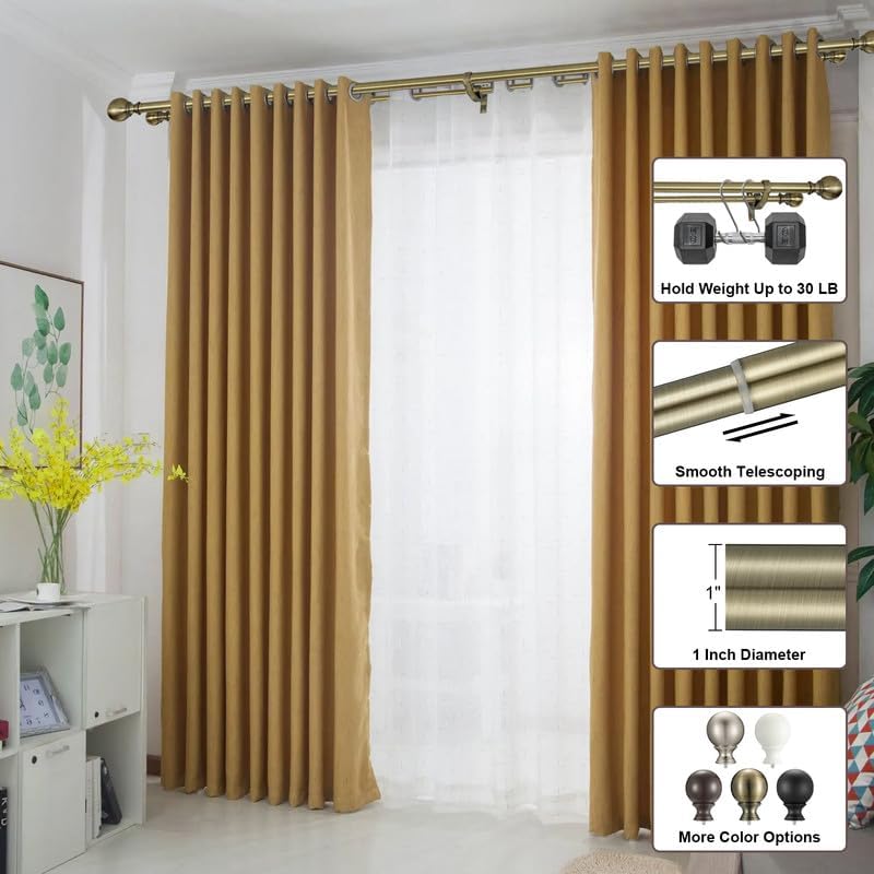 Double Curtain Rods for Window 48-84 Inch, Antique Bronze, Iron, Adjustable, Dual Rod with Round Finials, 1-Inch Front and 5/8 Inch Back, 30 lbs Weight Capacity