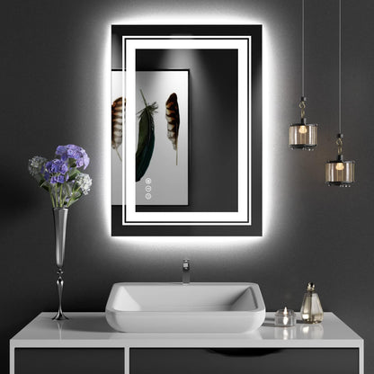 Snowdool 27x19 LED Bathroom Mirror with Front and Backlight, Dimmable Lighted Bathroom Vanity Mirror with Anti-Fog, Memory Function,Tempered Glass(Horizontal/Vertical)