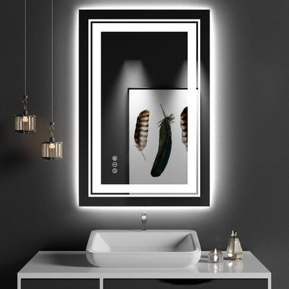 Snowdool 23x35 LED Bathroom Mirror with Front and Backlight, Dimmable Lighted Bathroom Vanity Mirror with Anti-Fog, Memory Function,Tempered Glass(Horizontal/Vertical) | Front and Backlit, Dimmable, Anti-Fog, Tempered Glass
