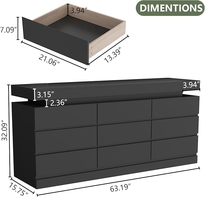 9 Drawer Dresser with Power Outlet, Dresser with LED Light, Modern Chest of - Image 2
