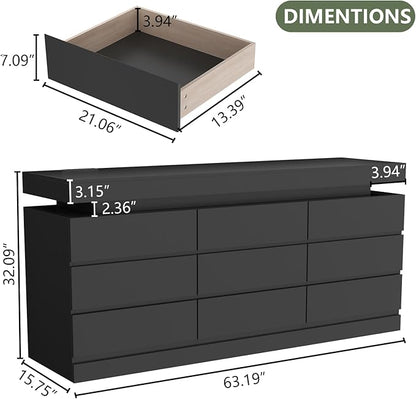 9 Drawer Dresser with Power Outlet, Dresser with LED Light, Modern Chest of - Image 2