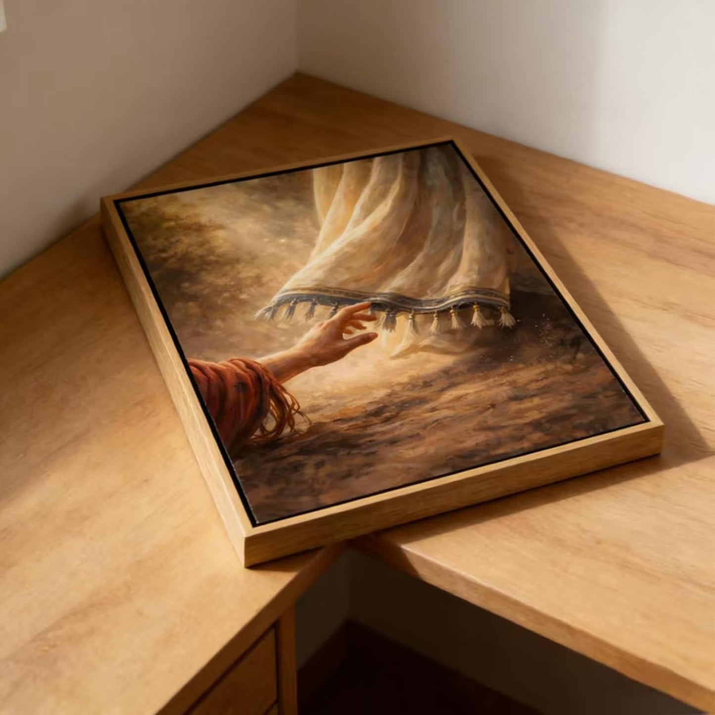 Framed Jesus Canvas Wall Art,Touching the Hem of His Garment Wall Decor Picture, Jesus Healing Christian Poster Print, for Bedroom Living Room Church Decoration