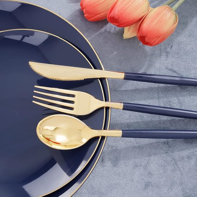 Liacere 150PCS Blue Plastic Plates - Gold Plastic Silverware with Blue Handle...