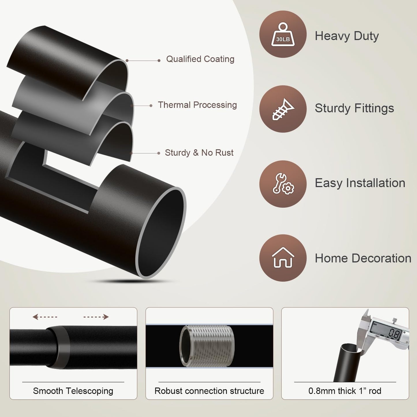 Lootkell Modern Black Curtain Rods for Windows 28 to 48 Inches Adjustable Length Heavy Duty 1" Diameter Window Curtain Rod with Decorative Finials for Outdoor Bedroom Kitchen Living Room