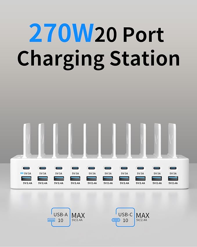 270W Charging Station for Multiple Devices, 20-Port USB Fast Charging Station - Image 2