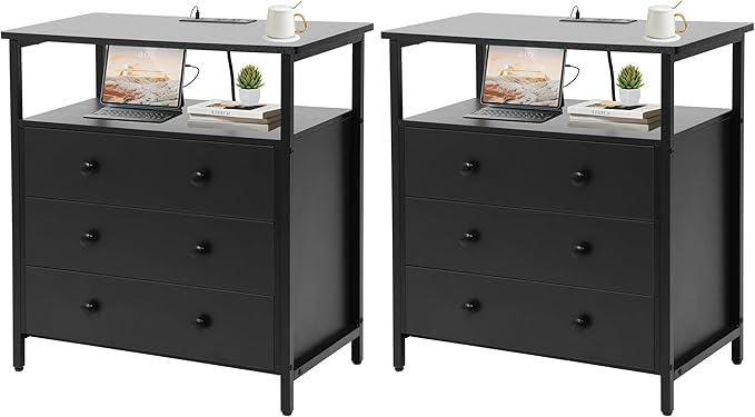 Edbuosy 3 Wooden Drawers Nightstand, 27 Inch Wide Night Stand Set 2 by Edbuosy