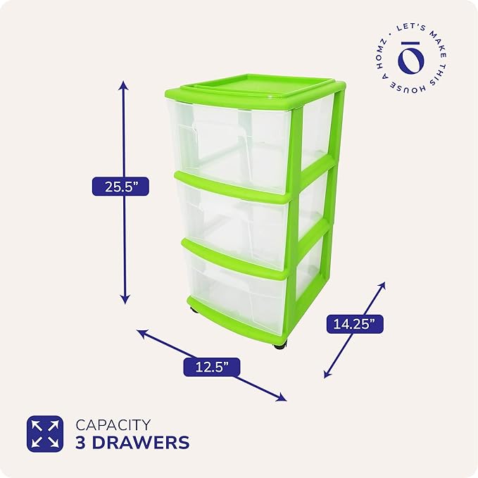 HOMZ Drawer Tower, 3-Tier Clear Plastic Storage Organizer Cart, Bold Lime Frame - Image 2