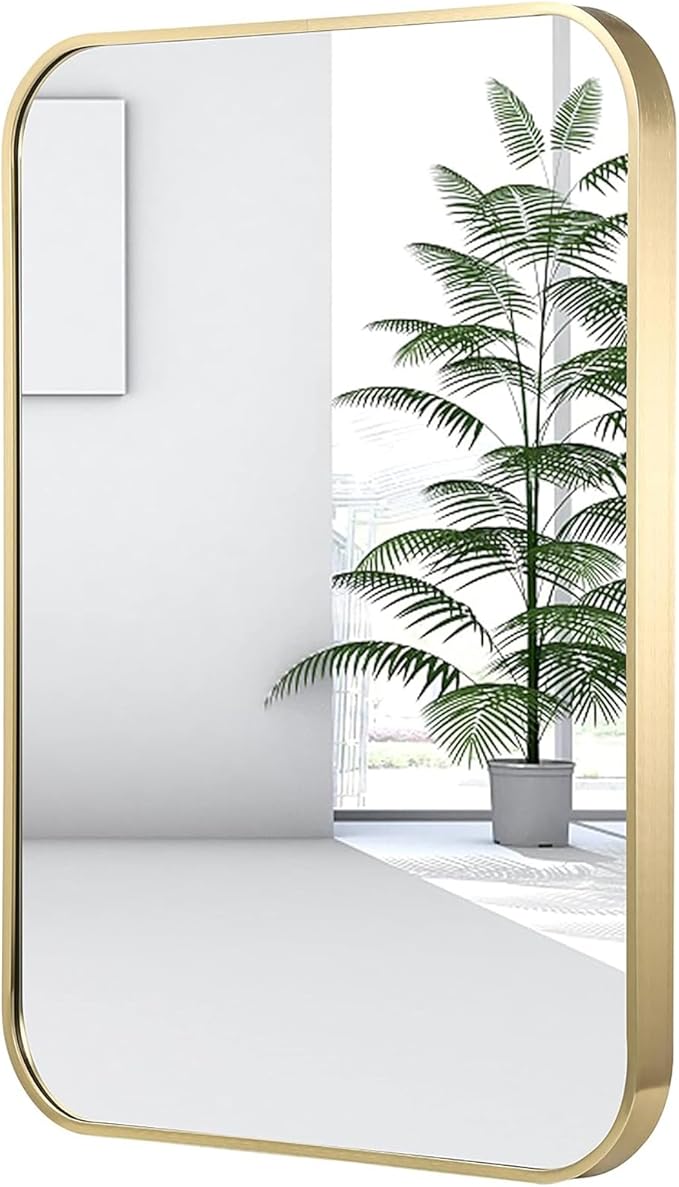 22x30 Inch Gold Bathroom Mirror, Brushed Gold Metal Framed Rectangular Mirror by JENBELY