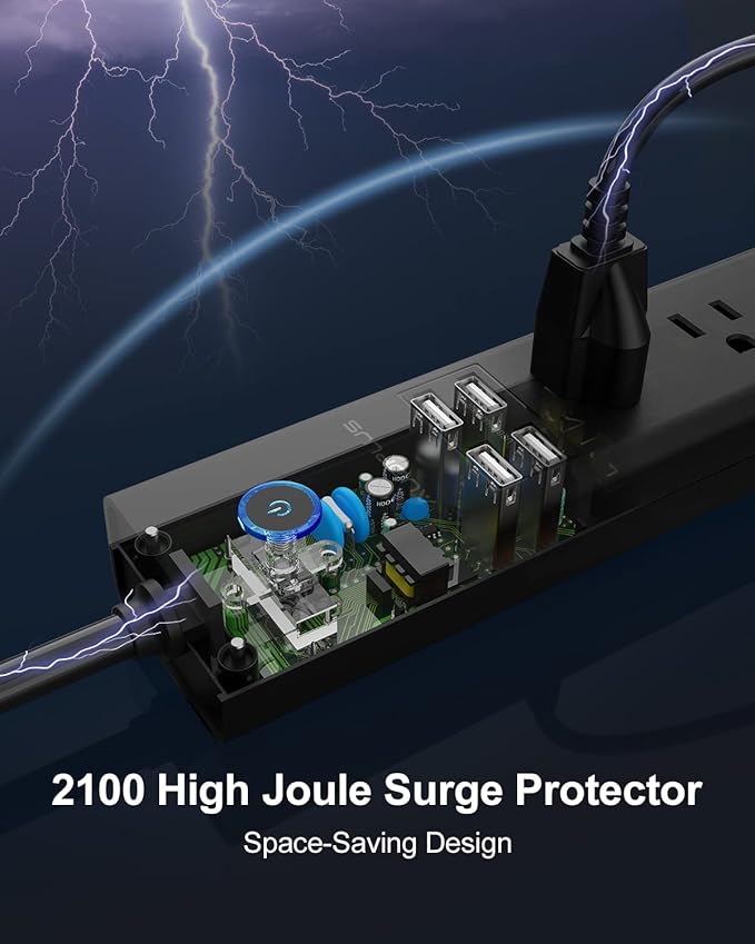 15 Ft Power Strip Surge Protector, 6 Outlets and 4 USB Ports, Flat Plug Power - Image 4