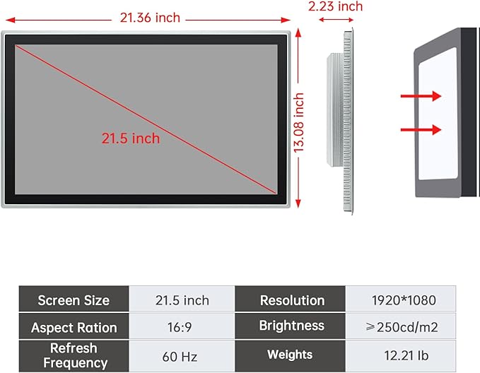 21.5-Inch Touchscreen Monitor, Ratio 16:9 Embedded Industiral Touch Screen - Image 4