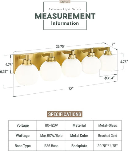 METWET Bathroom Light Fixtures, 5-Light Brushed Gold Bathroom Vanity Lights - Image 2