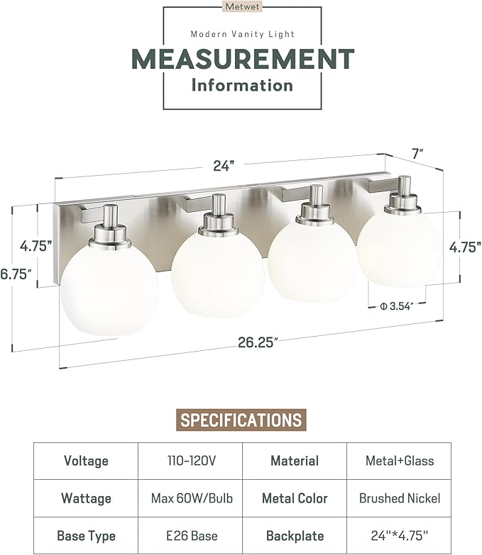METWET Bathroom Light Fixtures, 4 Light Brushed Nickel Vanity Light, 26 Inch - Image 3