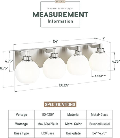 METWET Bathroom Light Fixtures, 4 Light Brushed Nickel Vanity Light, 26 Inch - Image 3