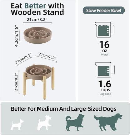 Ceramic 1.6 Cup Raised Slow Feeder Dog Bowl Set, Elevated Wooden Stand - Image 2