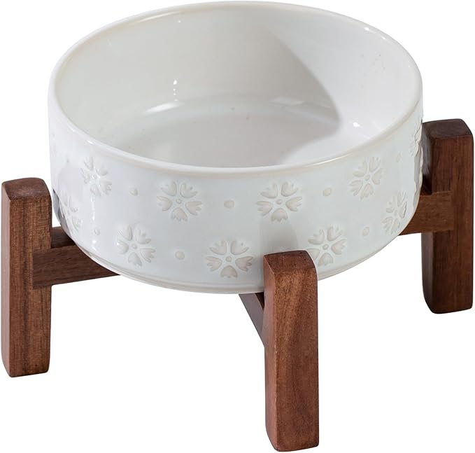 Ceramic 5.1inch Raised Dog and Cat Bowl Set, 2 Heights Elevated Wooden Stand by Havniva