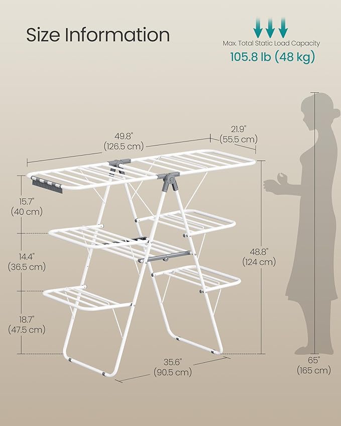 SONGMICS Clothes Drying Rack, Foldable 3-Level Laundry Rack, Free-Standing - Image 5