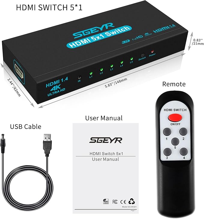 HDMI Switch SGEYR 5x1 HDMI Switcher 5 in 1 Out HDMI Selector 5 Port Box - Image 7