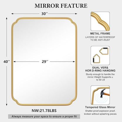 30" x 40"Gold Bathroom Mirror for Over Sink, Modern Rounded Corner Rectangle - Image 4