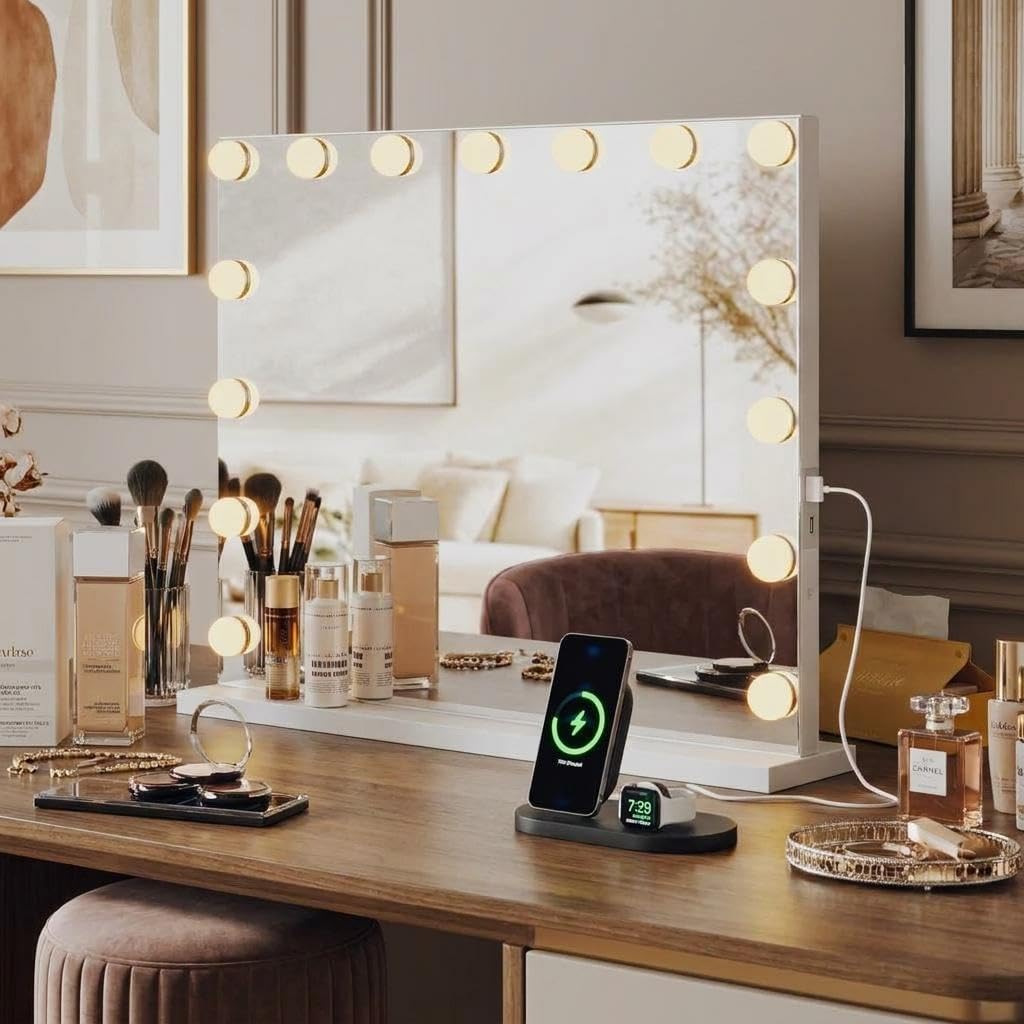 IDEALHOUSE Vanity Mirror with Lights, 15 Dimmable LED Bulbs, 3 Color Modes, Stepless Dimming, Touch Control, USB Charging Port, Tabletop or Wall Mount, 3X Mirror