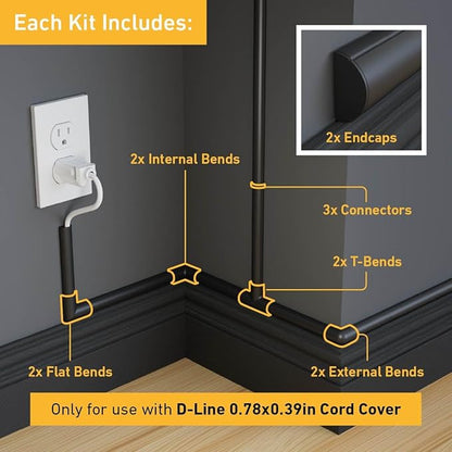 D-Line Small Cable Raceway Accessory Pack, Join 0.78in x 0.39in Cord Cover - Image 2
