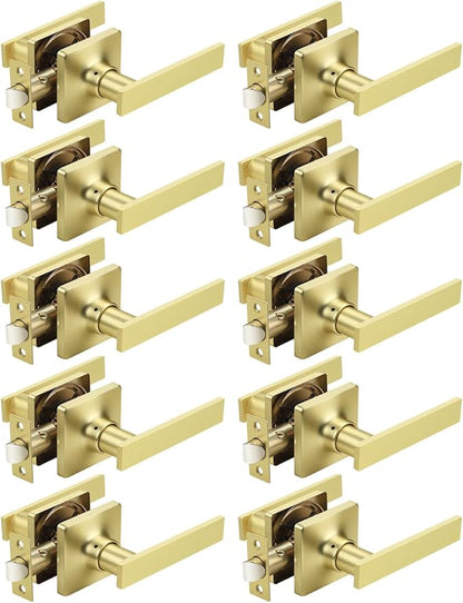 Mengico 10 Pack Passage Door Levers Gold Finish, No-Locking Keyless Square Door by Mengico