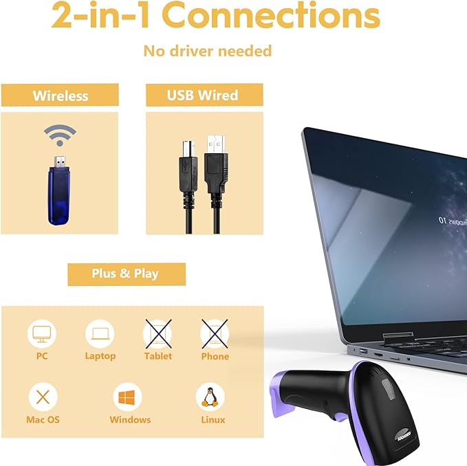 NADAMOO Wireless Barcode Scanner 328 Feet Transmission Distance USB Cordless 1D - Image 2