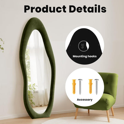 Anpark Full Length Mirror 63"x24" Irregular Full Body Wall Mounted Floor Mirror with Stand Green Flannel Wrapped Frame Leaning Hanging Wall Mirror for Bedroom Entrance Hallway