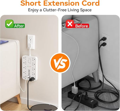 Short Extension Cord with USB and USBC Ports, Flat Outlet Extender with 10 AC - Image 6