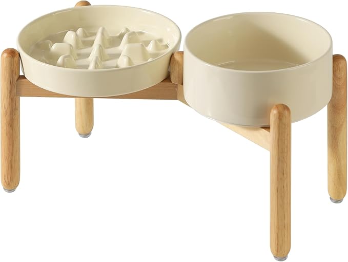 Ceramic Raised Slow Feeder Dog Bowl Set, Elevated 7.3inch Bowl and 8.2inch Slow by Havniva