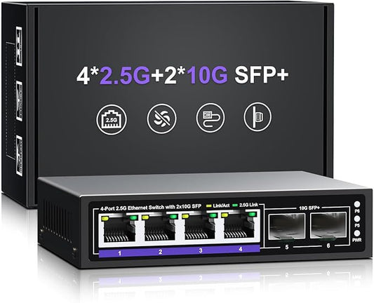 6 Port 2.5G Unmanaged Ethernet Switch, 4 x 2.5G Base-T Ports, 2 x 10G SFP+ by NICGIGA