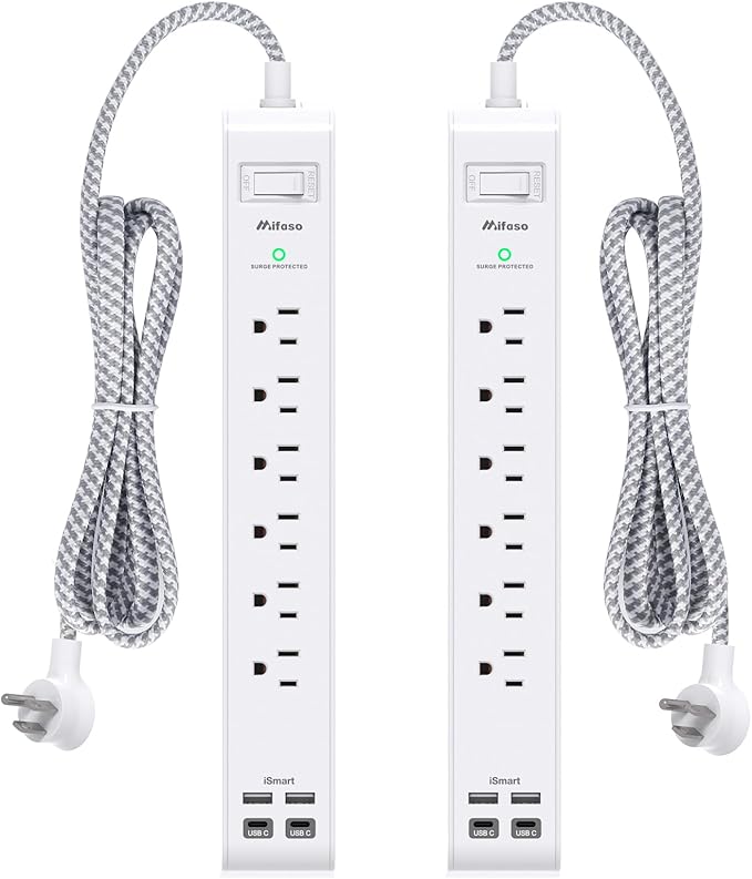 2 Pack Power Strip, 12FT Long Extension Cord, Surge Protector by Mifaso