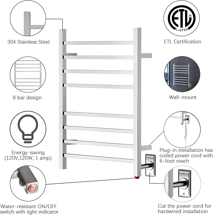 HEATGENE Towel Warmer, Heated Towel Warmer Rack, Wall-Mounted Hardwired/Plug-in - Image 3