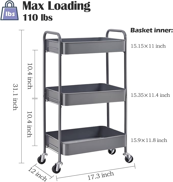 TOOLF 3-Tier Metal Rolling Cart - Image 2