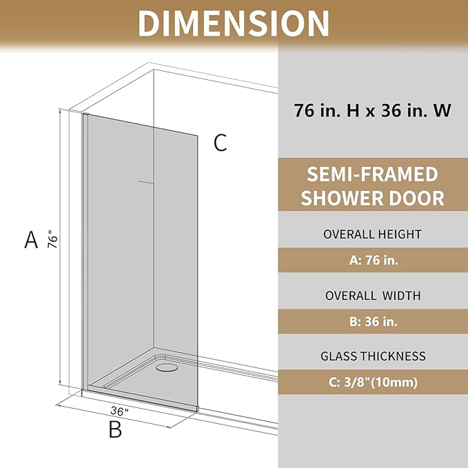 36"x76" Fixed Glass Shower Door, 3/8" Thick Fluted Privacy Tempered Glass - Image 4
