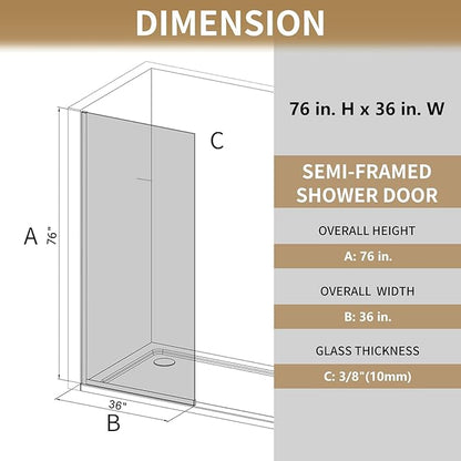 36"x76" Fixed Glass Shower Door, 3/8" Thick Fluted Privacy Tempered Glass - Image 4