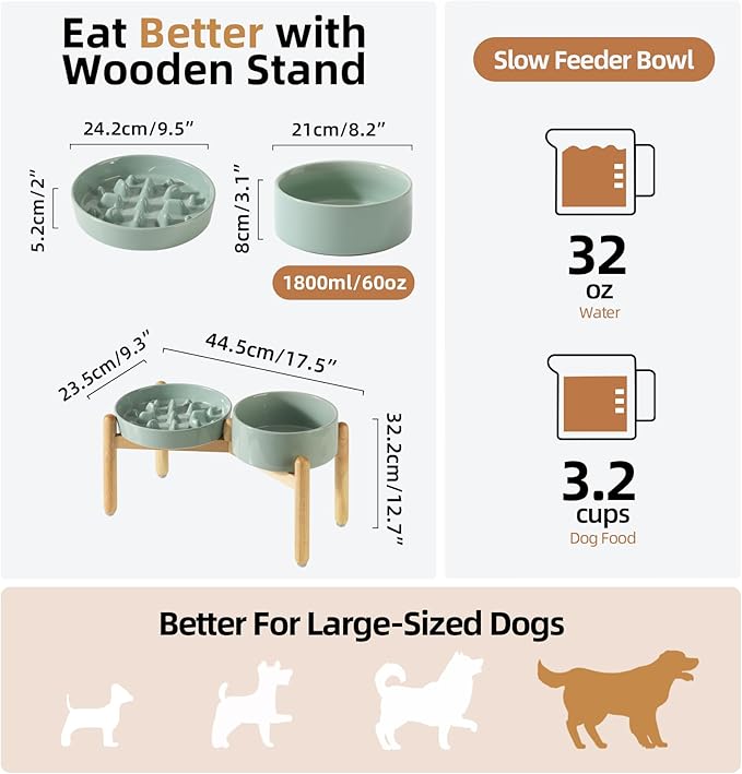 Ceramic 3.2 Cup Raised Slow Feeder Dog Bowl Set, Elevated 8.2inch Bowl and - Image 2